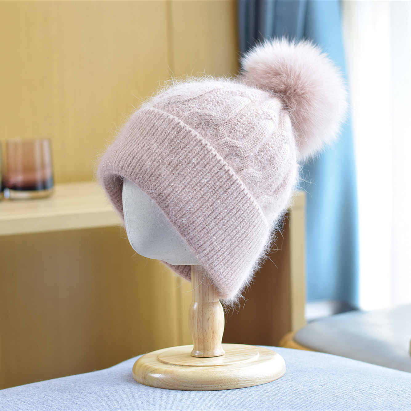 新款兔毛麻花针织帽子女秋冬保暖护耳套头帽百搭韩版狐狸毛球帽潮