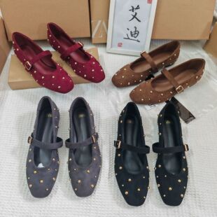 现货ZA家外贸爆款铆钉圆头浅口平底矮跟单鞋女一字皮带扣玛丽珍鞋