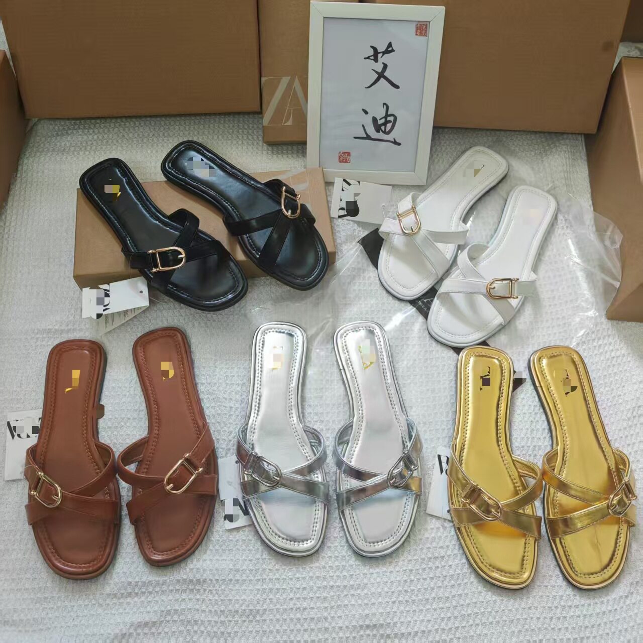苏里南欧洲外贸新爆款ZA家新品方头平底外穿凉拖鞋交叉带扣凉鞋女