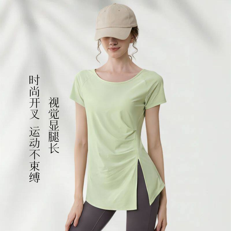 修身速干衣运动上衣健身跑步罩衫圆领开叉透气短袖T恤女夏瑜伽服