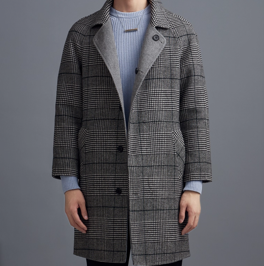G家冬季男士灰格中长款毛呢大衣男士潮牌可双面穿外套6755K/