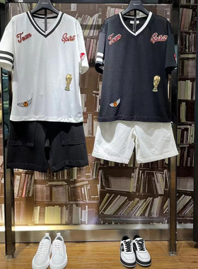 商场款男士潮流V领短袖T恤时尚刺绣网眼圆领衫宽松20620/T12