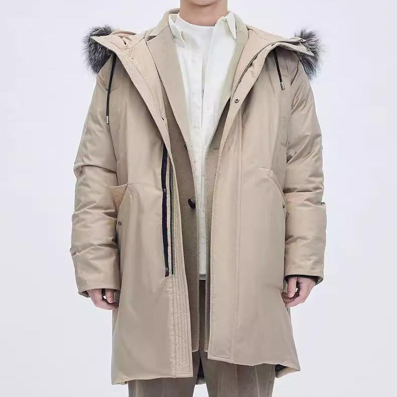 商场款G家男装冬季中长浅卡其保暖连帽羽绒服防寒厚外套1014J/C2