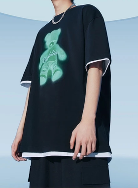 商场款男士短袖T恤时尚棋盘格小熊印花字母刺绣潮20970-T7