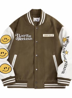 （鸟）加菲猫联名款男士刺绣宽松棒球领夹克PU皮夹棉外套C4429/H7