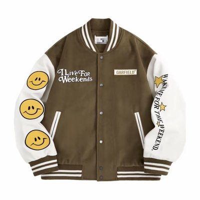 （鸟）加菲猫联名款男士刺绣宽松棒球领夹克PU皮夹棉外套C4429/