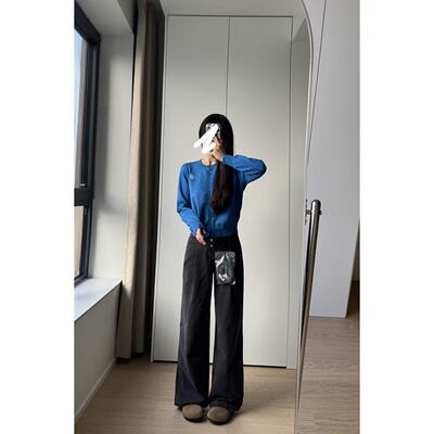 （鸟）商场款女士牛仔裤时尚高腰排扣腰带配件直筒阔腿长裤E1376/