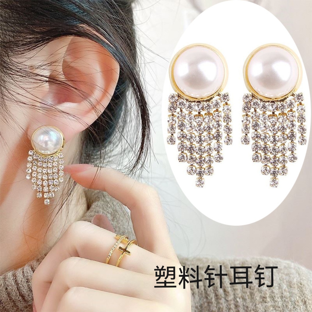 塑料针银针韩版镶钻流苏耳环网红个性百搭圆形耳坠时尚潮流饰品女