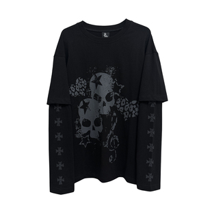 断片小说 T恤宽松上衣女 原创亚文化水色系假两件长袖