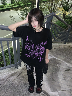 上衣 T恤黑色潮牌半袖 断片小说 原创字母印花T恤暗黑摇滚宽松短袖