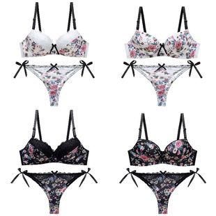 2025新款少女印花内衣 性感聚拢上托蕾丝花边文胸胸罩 丁字裤套装