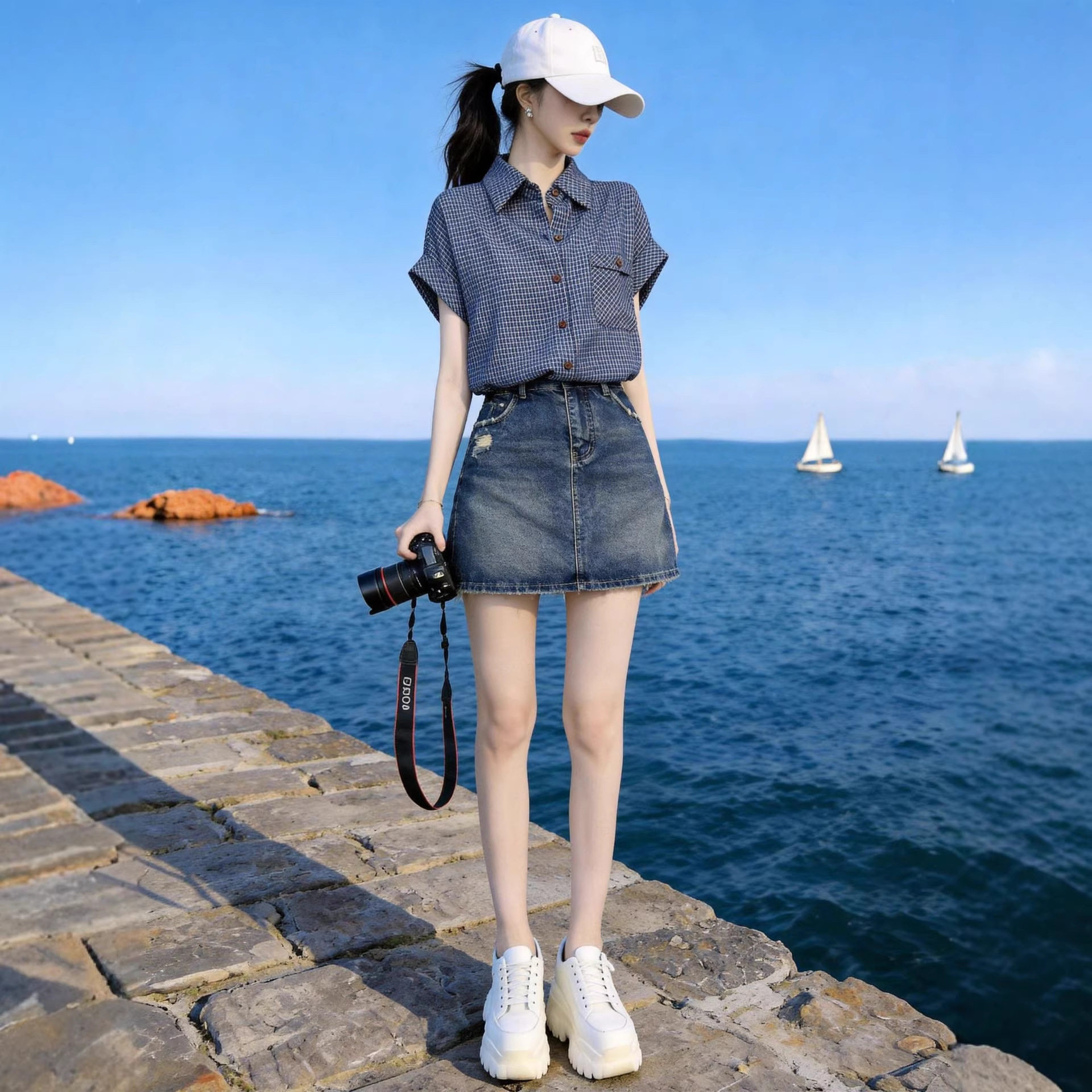 2026新款夏季薄款格子衬衫上衣女时尚百搭设计感小众牛仔裙套装潮