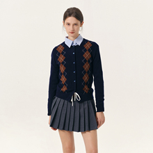 NANCYLILI25秋冬新品菱形格针织开衫藏青圆领长袖羊毛毛衣女上衣
