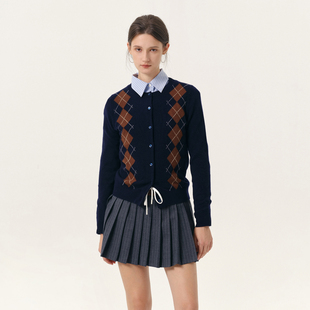 羊毛毛衣女上衣 藏青圆领长袖 NANCYLILI25秋冬新品 菱形格针织开衫