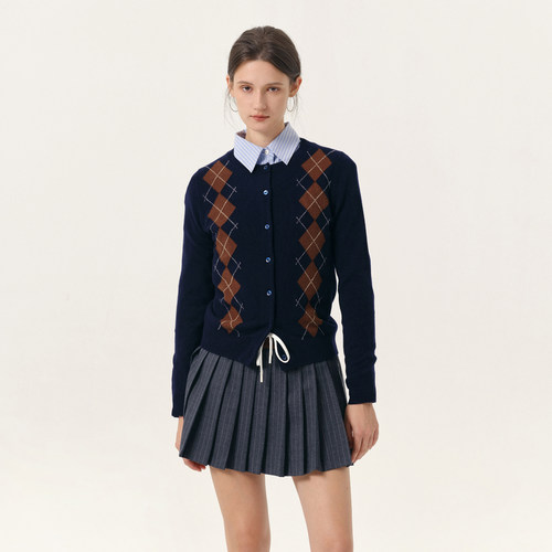 菱形格针织开衫藏青圆领长袖毛衣