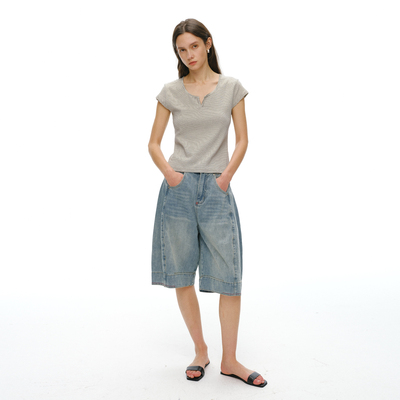 春季浅蓝水洗七分气球阔腿牛仔裤