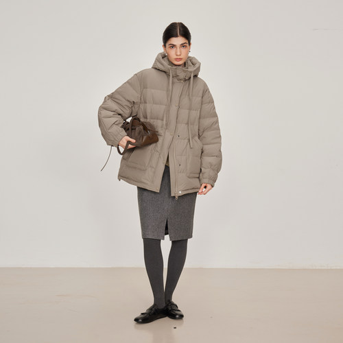 连帽收腰90鹅绒羽绒服女中长款