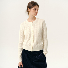 NANCYLILI 绞花毛衫25新款圆领麻花纹羊毛针织开衫女宽松显瘦外套