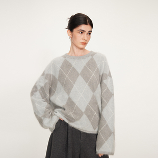 NANCYLILI25冬季新品菱形格羊绒羊毛水洗拉绒拉毛毛衣女针织上衣