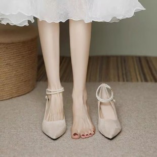 仙女风伴娘鞋 单鞋 珍珠尖头浅口5CM粗跟高跟鞋 法式 女粗跟百搭新款