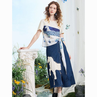 印花2025拼接设计宽松T恤上衣浮光清影短款 新款 文艺夏季 梵高短袖