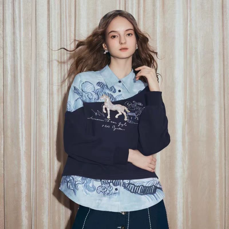 2025新款秋冬女艺术生设计氛围感宽松度假休闲小众百搭衬衫油画