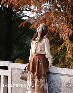 女加半身裙两件套装 印花披肩拼接假两件衬衫 新款 梵高文艺2026冬季