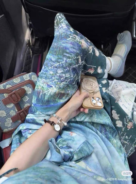 梵高油画假两件连衣裙女2026秋季新款油画风长裙绿色仙女裙夏池