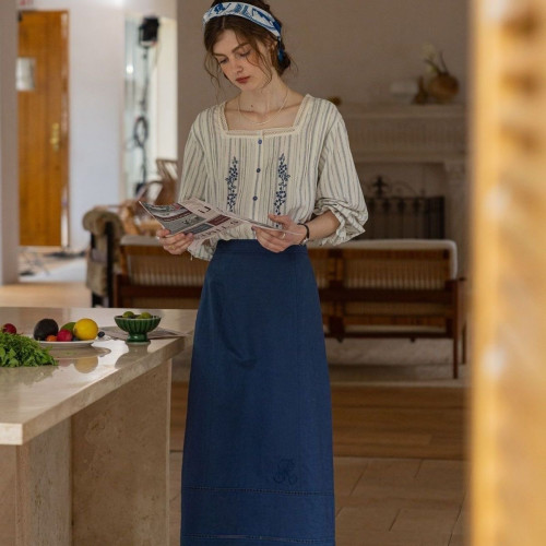商场同款品质法式重工打条绣花方领蕾丝花边长袖衬衫夏款女士上衣