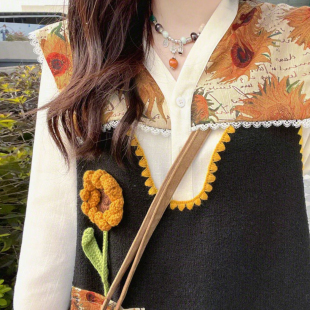 梵高向日葵学院背心裙两件套 2025早秋艺术生穿搭V领衬衫 大码 女装