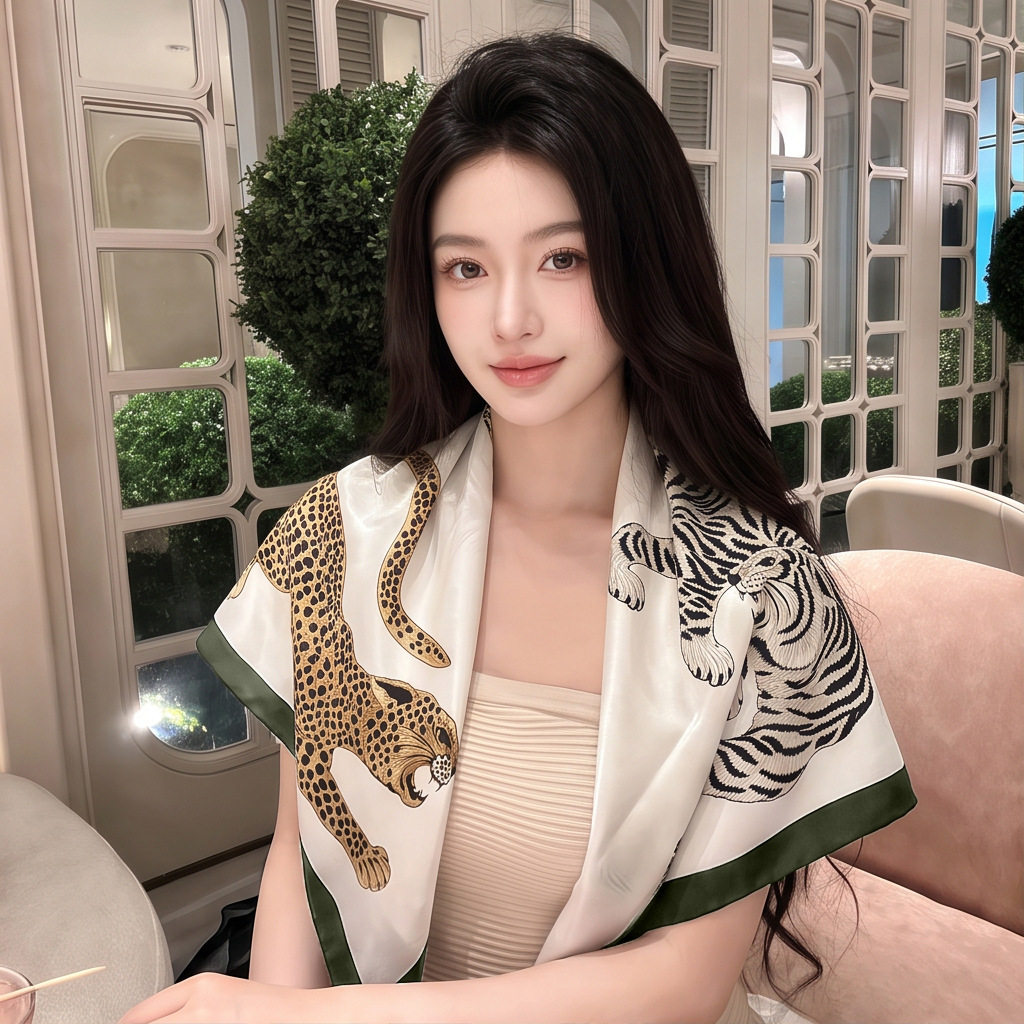 老钱风豹纹丝巾小方巾系脖高级感轻奢金钱豹围巾小领巾女2026新款图片