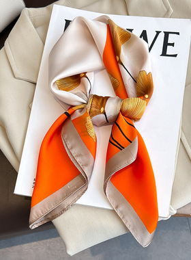 橙色丝巾小方巾女2024新款韩版银杏叶气质小领巾女春秋百搭配衬衫