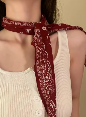 复古安可拉红色腰果花丝巾系脖飘带女2025新款高级感时尚三角领巾