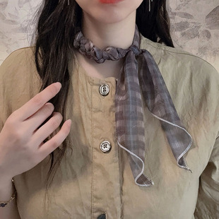 文艺咖色格子长条丝巾系脖高级感女2026新款春季轻奢颈饰飘带领巾