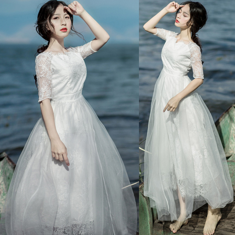 文艺复古优雅气质度假仙女长裙白色蕾丝网纱拼接大摆连衣裙伴娘裙