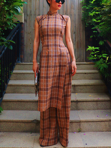 纯棉麻修身收腰格子印花文艺法式设计师原创两件套旗袍连衣裙