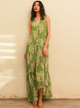 2025LISAYU印花雪纺连衣裙绿色花卉长裙橄榄绿色印花不规则连衣裙