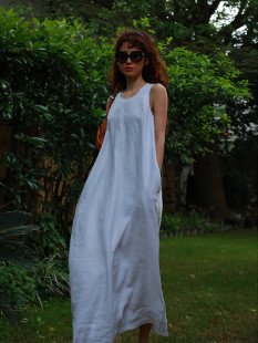 LISAYU亚麻连衣裙宽松休闲长裙慵懒舒适背心裙中长裙全亚麻大摆裙