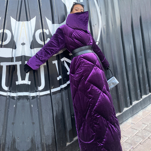 菱形格丝绒羽绒服 鸭绒时尚 LISAYU新款 复古立领宽松休闲加厚超长款