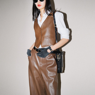 2025LISAYU真皮羊皮复合皮西装阔腿皮裤短款马甲帅气宽松三件套装