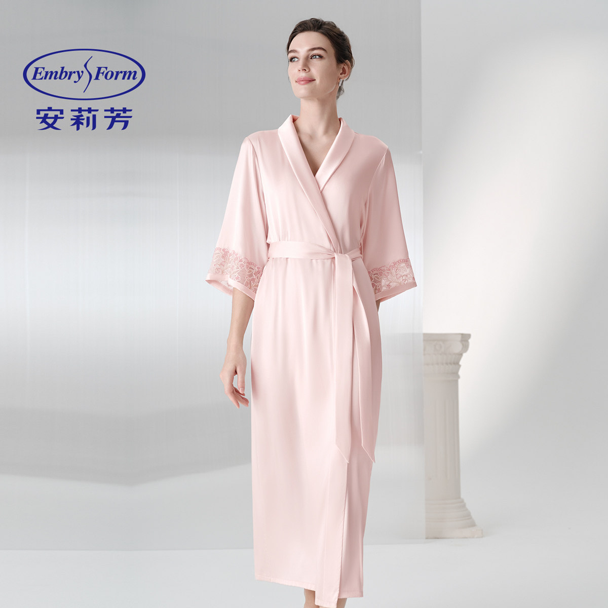 安莉芳桑蚕丝夏季薄款性感系带家居服女士浅粉色高端家居睡袍
