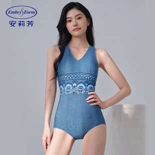 ES00266 v领印花三角连体泳衣女士牛仔风游泳装 安莉芳专柜新品 无袖