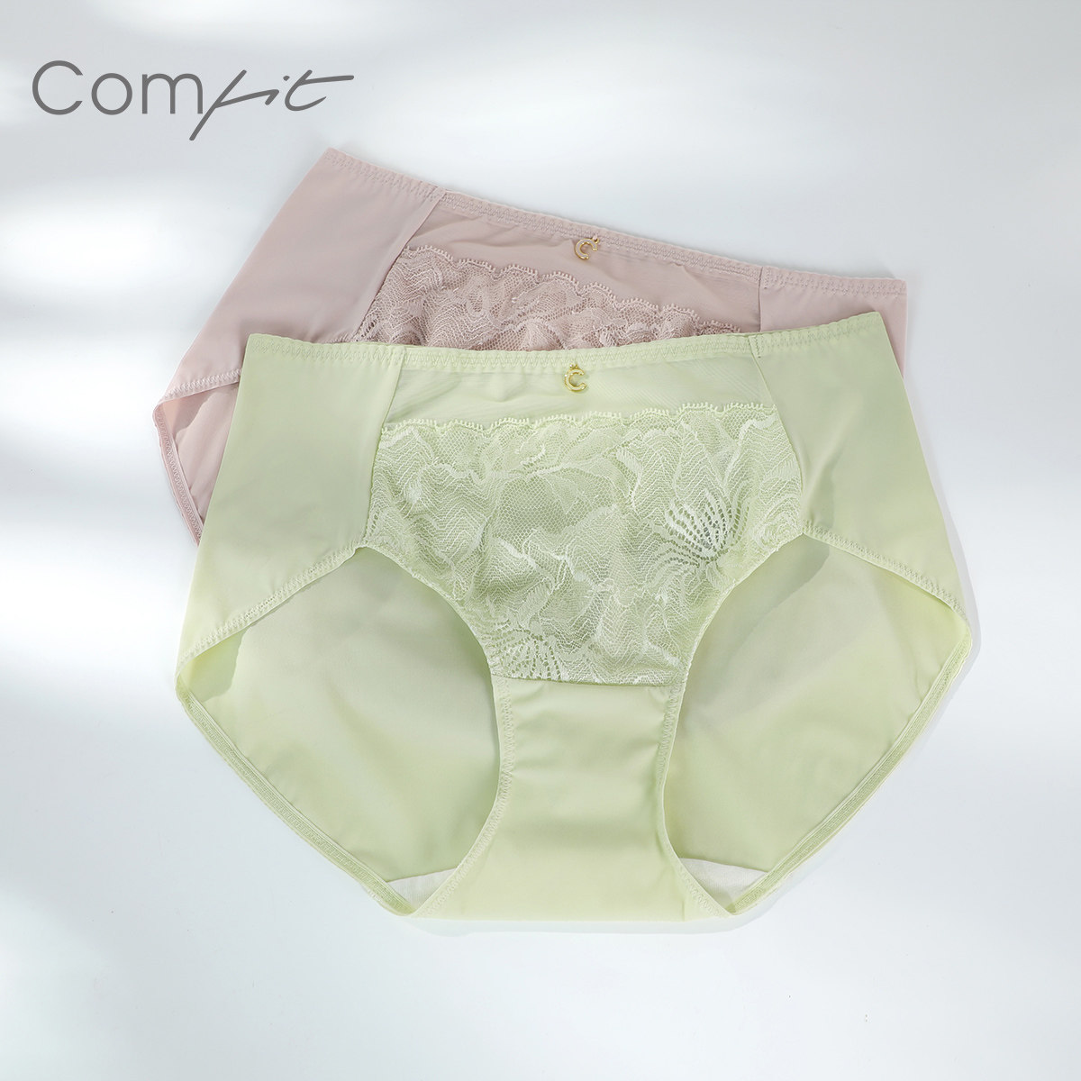 comfit抗菌中腰内裤女薄款冰丝透气大码三角裤头蕾丝拼接c200156