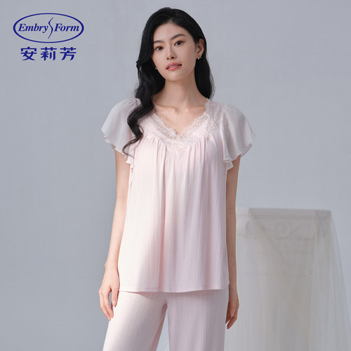 安莉芳专柜新品时尚v领套头法式睡衣带杯垫女士家居服套装EL00851