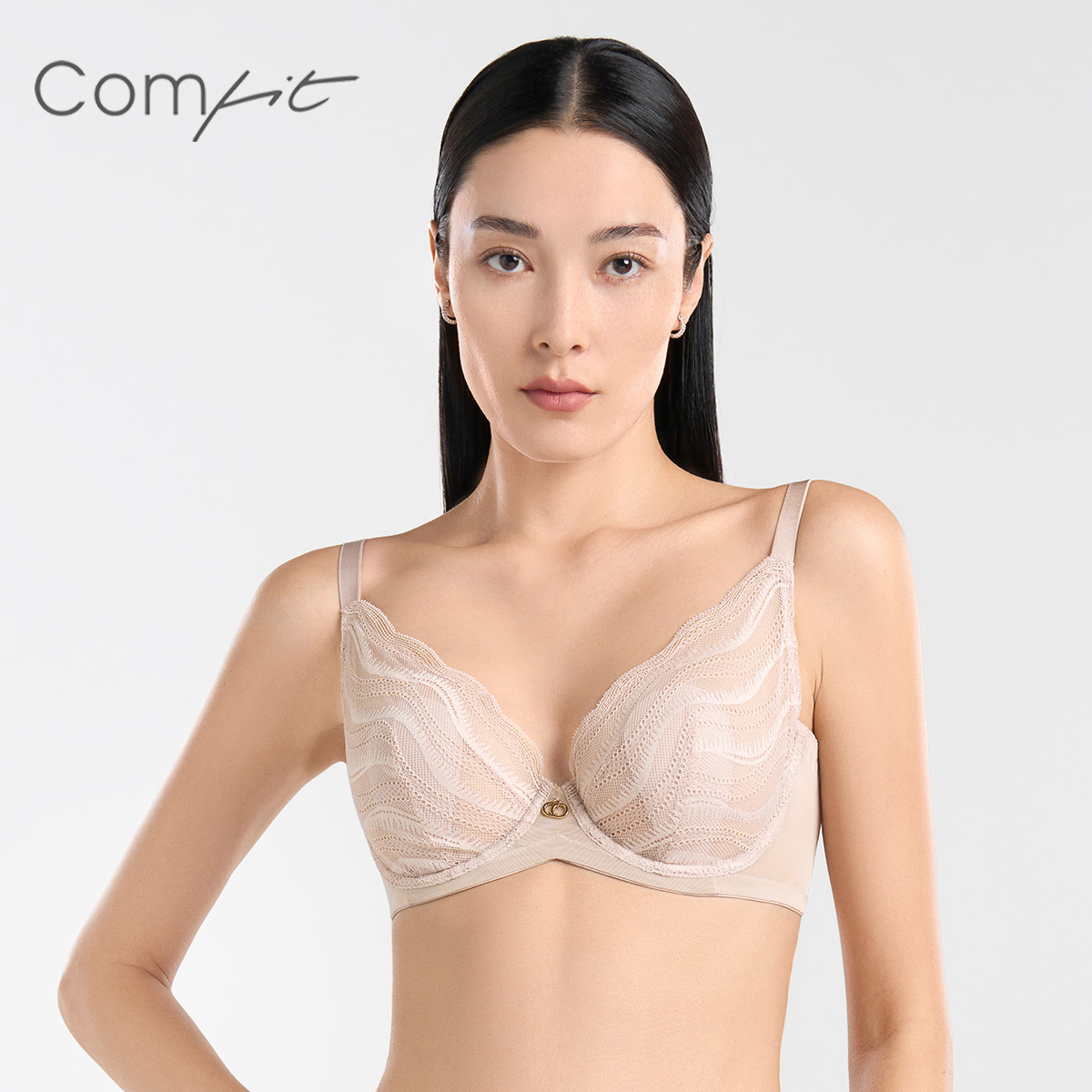Comfit兔耳朵杯大胸显小大码内衣女士薄款蕾丝花边收副乳性感文胸