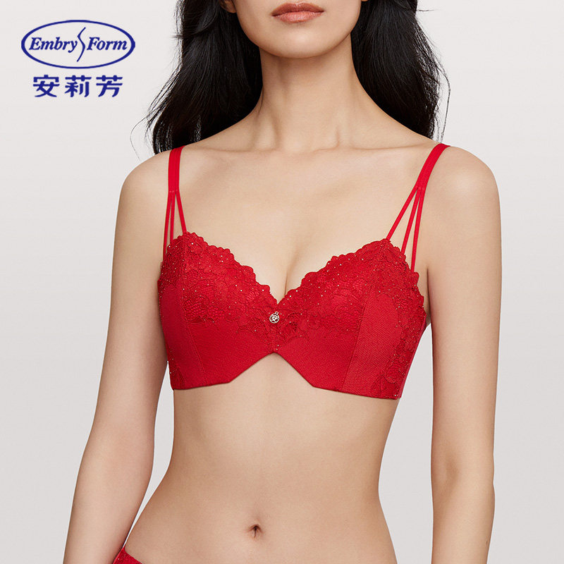 安莉芳亮片蕾丝花边女士本命年红文胸无钢圈小胸聚拢内衣EB00791