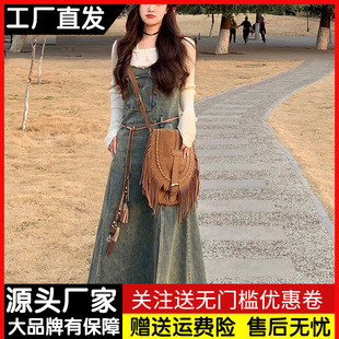 学院风小个子显瘦长裙子吊带连衣裙 美式 复古流苏牛仔背带裙女夏季