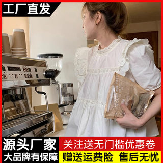 法式泡泡袖白色衬衫女夏季木耳边小个子宽松减龄独特上衣短袖衬衣