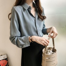 潮 女宽松长袖 气质纯色衬衫 上衣简约OL雪纺衬衣打底衫 新款 春装 韩版