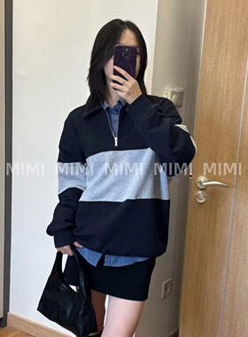 MML/韩系复古校园感学院风翻领POLO卫衣拼接情侣宽松慵懒半拉链